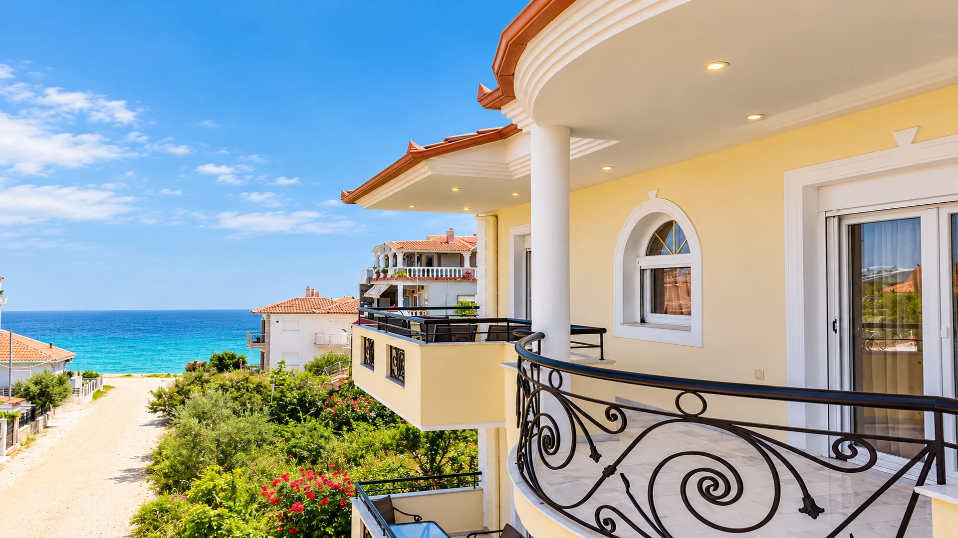 Balcony and view of the Aegean from the villa